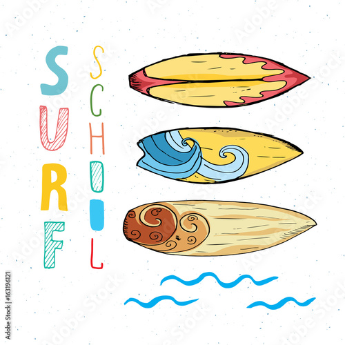 Surf boards hand drawn sketch t-shirt print design, surfing school typography, Summer vintage retro badge template, vector illustration