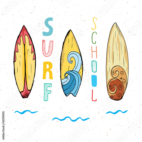 Surf boards hand drawn sketch t-shirt print design, surfing school typography, Summer vintage retro badge template, vector illustration