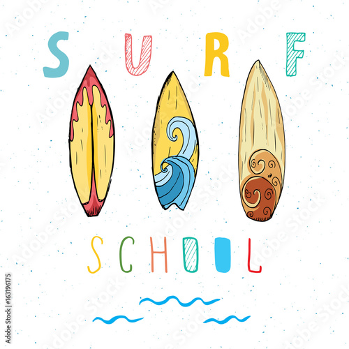 Surf boards hand drawn sketch t-shirt print design, surfing school typography, Summer vintage retro badge template, vector illustration