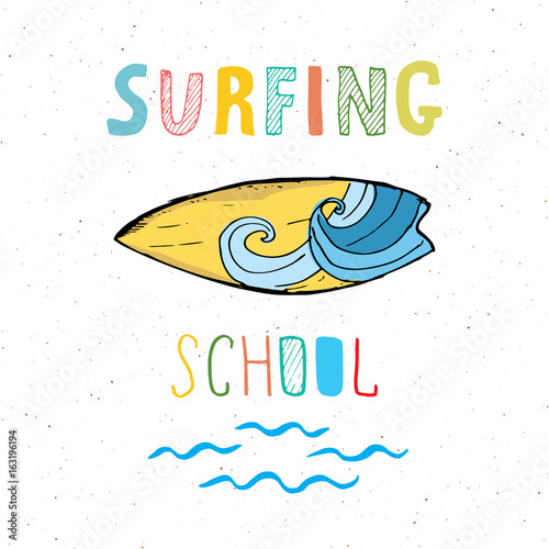 Surf boards hand drawn sketch t-shirt print design, surfing school typography, Summer vintage retro badge template, vector illustration