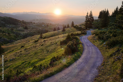 Winding Road At Sunset In Durmitor National Park, Montenegro
