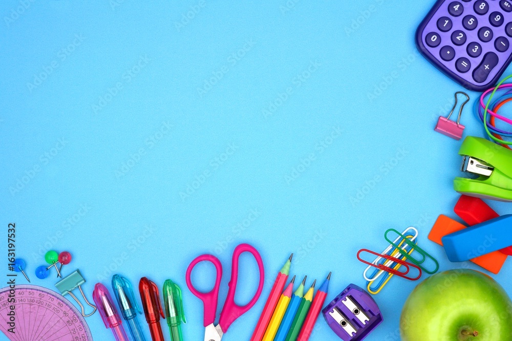 School supplies bottom corner border against a blue paper background Stock  Photo | Adobe Stock