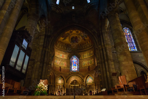 The interiors of the gothic cathedral of Strasbourg, France.