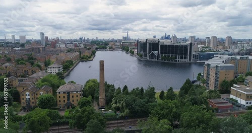 Aerial approaching view of the Millwall outer dock in the financial district of the Docklands in London photo