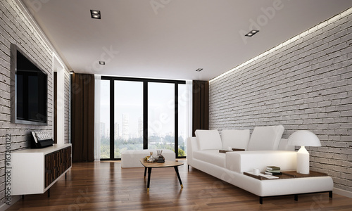 The interior of modern living room and service apartment design and white brick wall