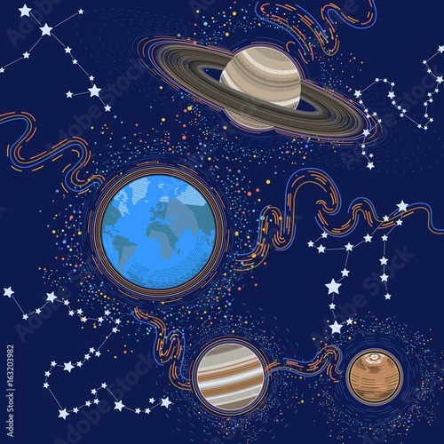 Vector illustration of our Solar System with gradient planets and asteroid belt on dark background