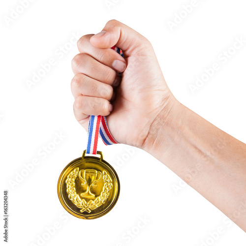 handful of asian man holding gold medal isolated on white background.