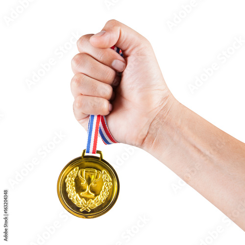 handful of asian man holding gold medal isolated on white background.