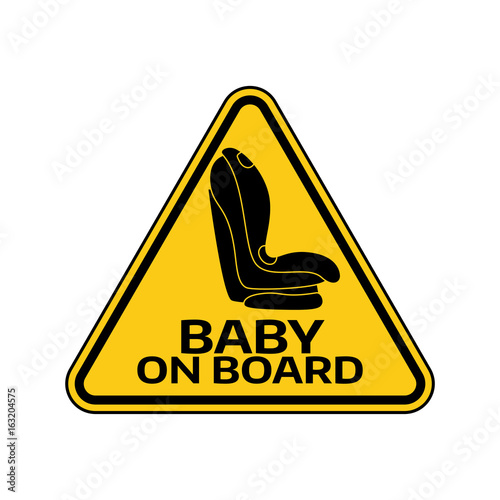 Baby on board sign with child car seat in yellow triangle on a white background. Car sticker with warning.