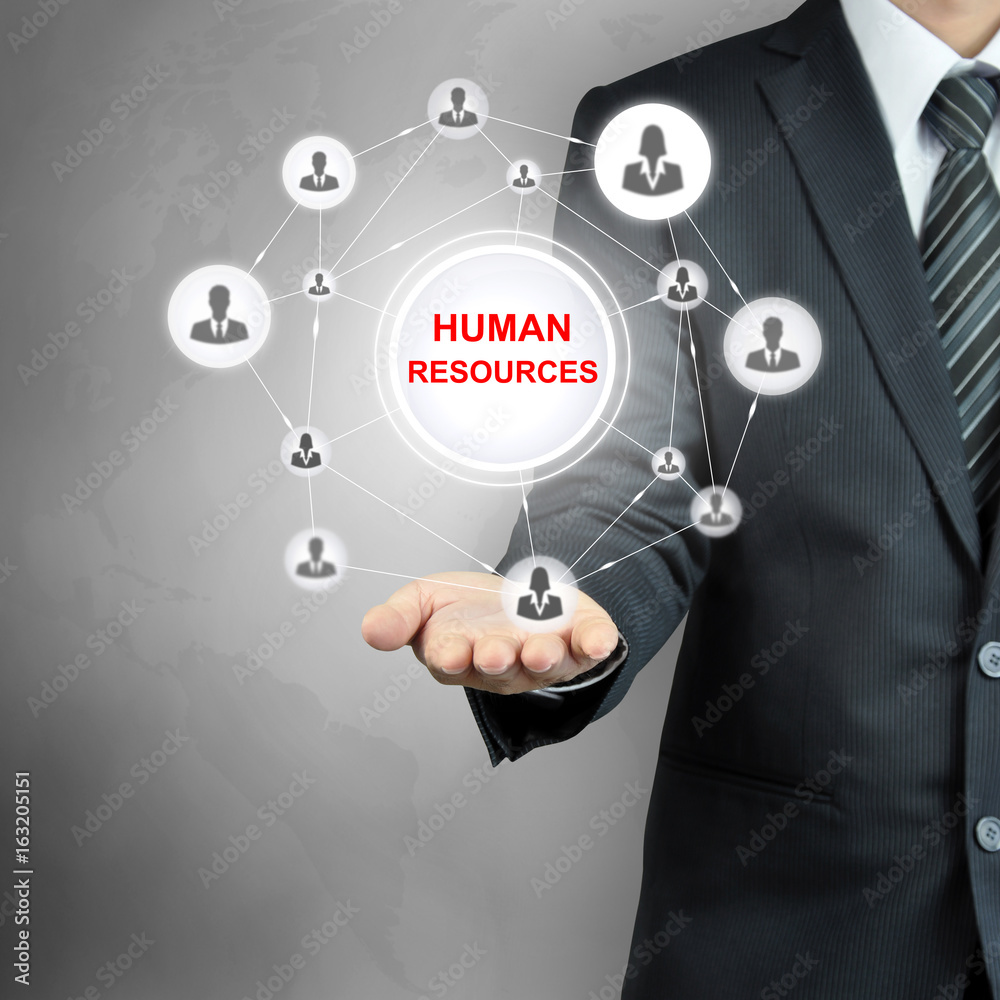 HUMAN RESOURCES (or HR) sing on businessman hand HUMAN RESOURCES (or HR) sing on businessman hand
