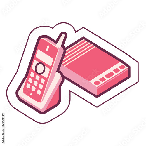 Iconic isometric perspective landline telephone & answering machine system graphic with an outline.