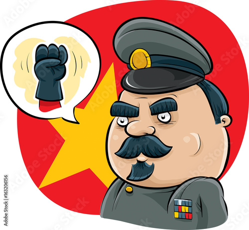 A cartoon dictator with a speech bubble showing a clenched fist.