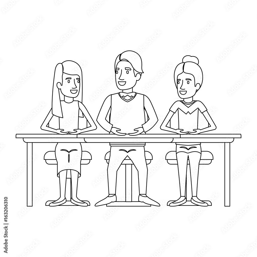 monochrome silhouette of teamwork of women and man sitting in desk vector illustration