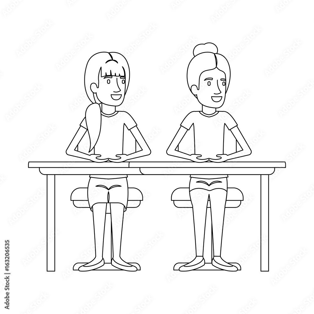 monochrome silhouette of women sitting in desk one with collected hair and the other with ponytail hairstyle vector illustration monochrome silhouette of women sitting in desk one with collected hair and the other with ponytail hairstyle vector illustration