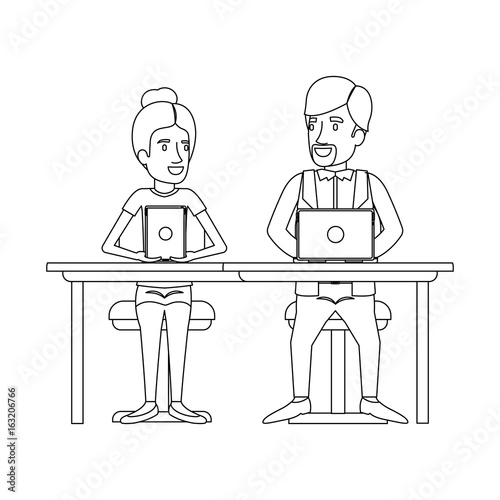 monochrome silhouette of teamwork of woman and man sitting in desk with tech devices and her with collected hair and him in casual clothes with van dyke beard vector illustration