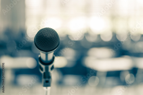 Microphone speaker in school lecture hall, seminar meeting room or educational business conference event for host, teacher or coaching mentor