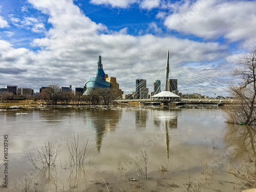 Winnipeg Skyline and Bridge During Spring Flooding
