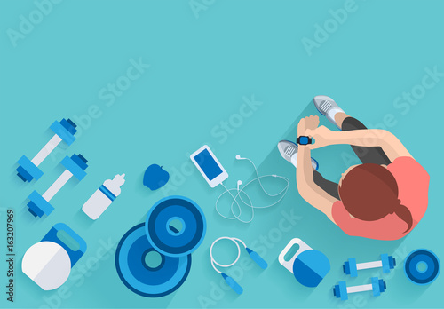 Fitness woman workout in gym with equipment background, Vector illustration layout template design