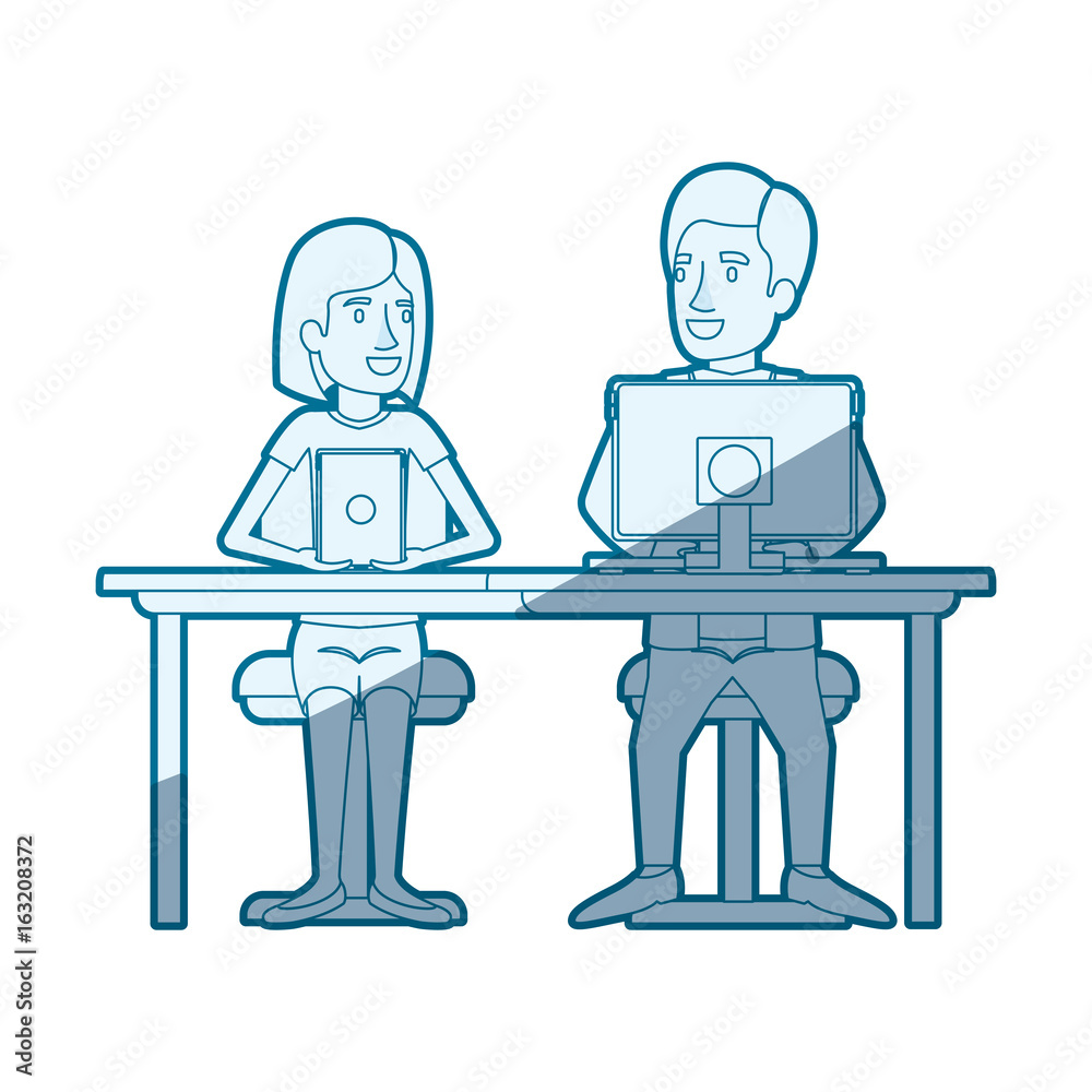 blue shading silhouette of teamwork of woman and man sitting in desk with tech devices and her with short hair and him in formal suit vector illustration blue shading silhouette of teamwork of woman and man sitting in desk with tech devices and her with short hair and him in formal suit vector illustration