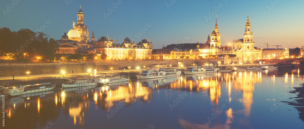 Evening panorama of Dresden, Saxony, Germanyin retro styling