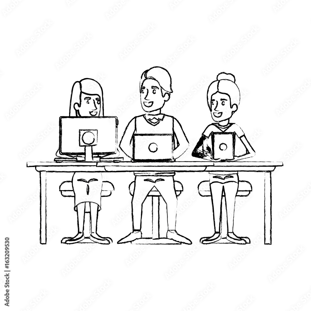 monochrome blurred silhouette of teamwork sitting in desk with tech devices vector illustration