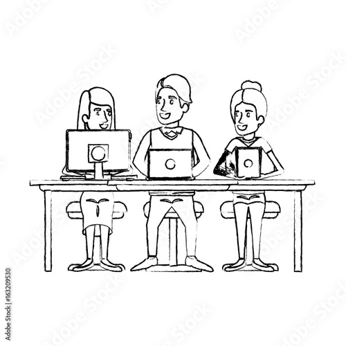 monochrome blurred silhouette of teamwork sitting in desk with tech devices vector illustration