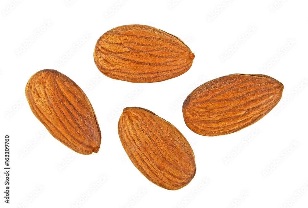 Almonds isolated on white background, top view Almonds isolated on white background, top view