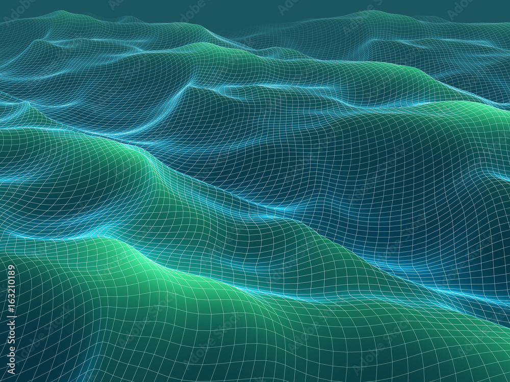 3d illustration of wireframe waves mesh. Abstract landscape.