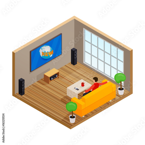 Man watching TV and drinking coffee on sofa in home room interior vector illustration. Man on sofa watch tv, vector isometric illustration of male in room with tv screen