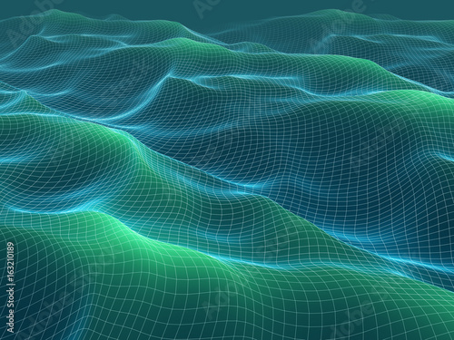 3d illustration of wireframe waves mesh. Abstract landscape.