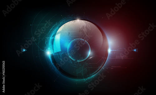 Futuristic technology globe glass sphere in hologram globalization concept, world map hexagon pattern transparent for digital graphic element, vector illustration