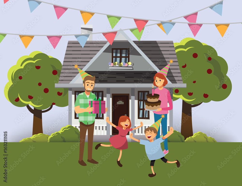 Happy family celebration Outdoor area with small house, background,Vector  illustration cartoon character Stock Vector | Adobe Stock