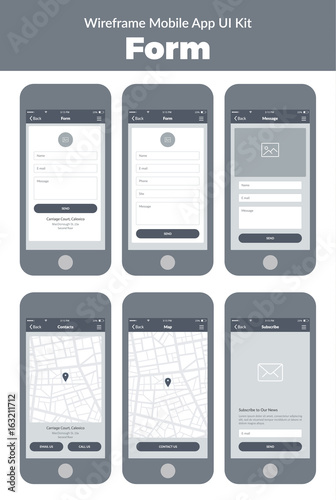 Wireframe UI kit for mobile phone. Mobile App Form. Contacts, about us, message, map, subscribe screens