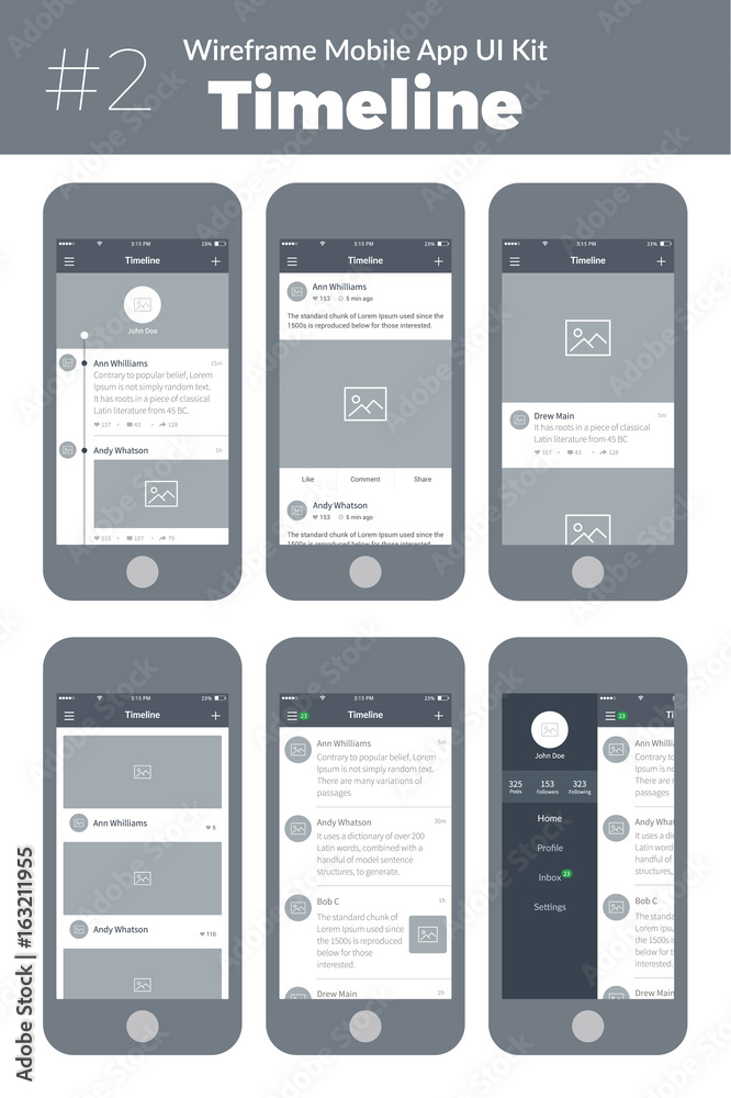 Wireframe UI kit for mobile phone. Mobile App Timeline. Feed, posts and  menu screens Stock Vector | Adobe Stock