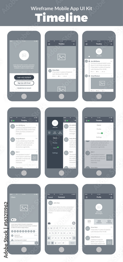 Wireframe UI kit for mobile phone. Mobile App Timeline. Feed, post,  comment, sign up, profile and menu screens Stock Vector | Adobe Stock