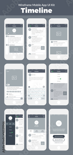 Wireframe UI kit for mobile phone. Mobile App Timeline. Feed, post, comment, sign up, profile and menu screens