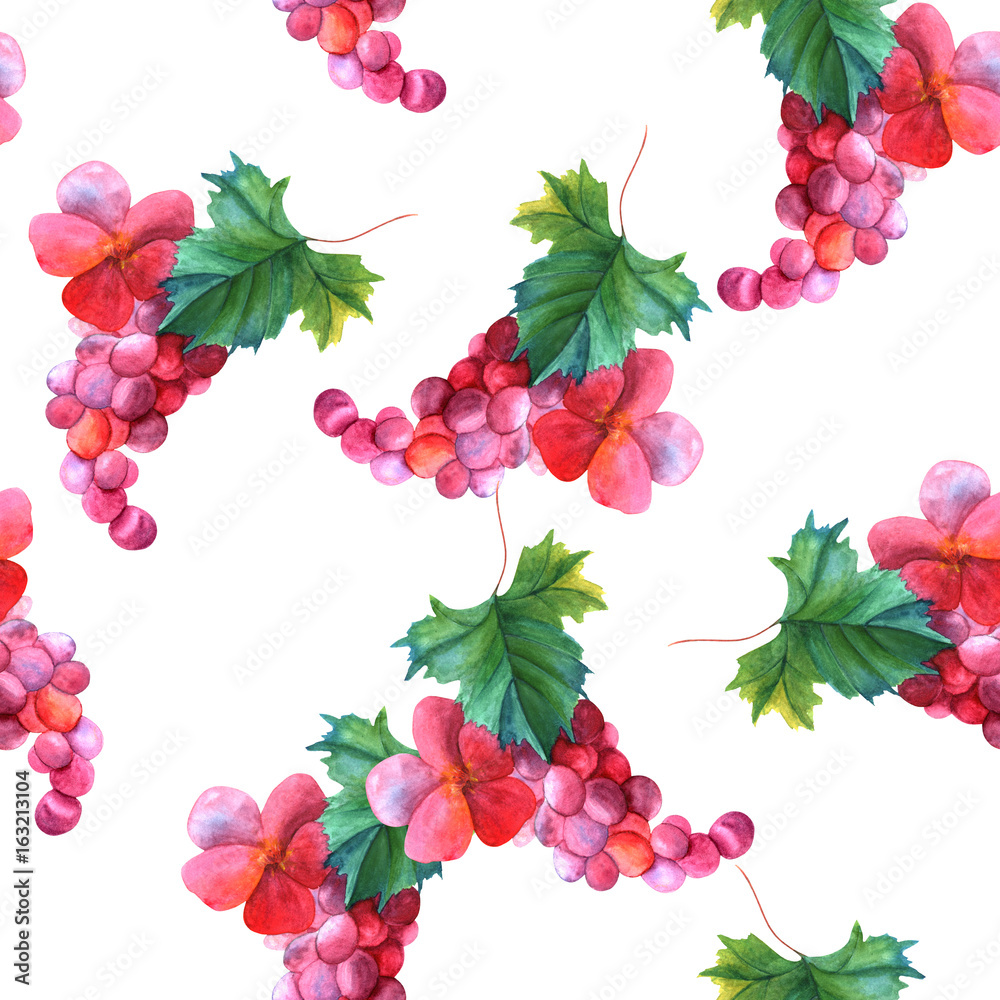 Seamless pattern with watercolor grape vine and rose