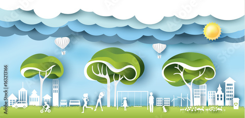 Green eco city and life paper art style, urban landscape and industrial factory buildings concept.vector illustration