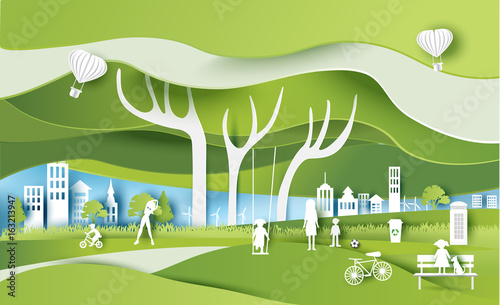 Green eco city and life paper art style, urban landscape and industrial factory buildings concept.vector illustration