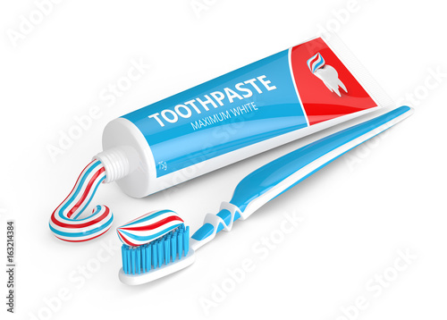 3d render of toothbrush with toothpaste over white photo
