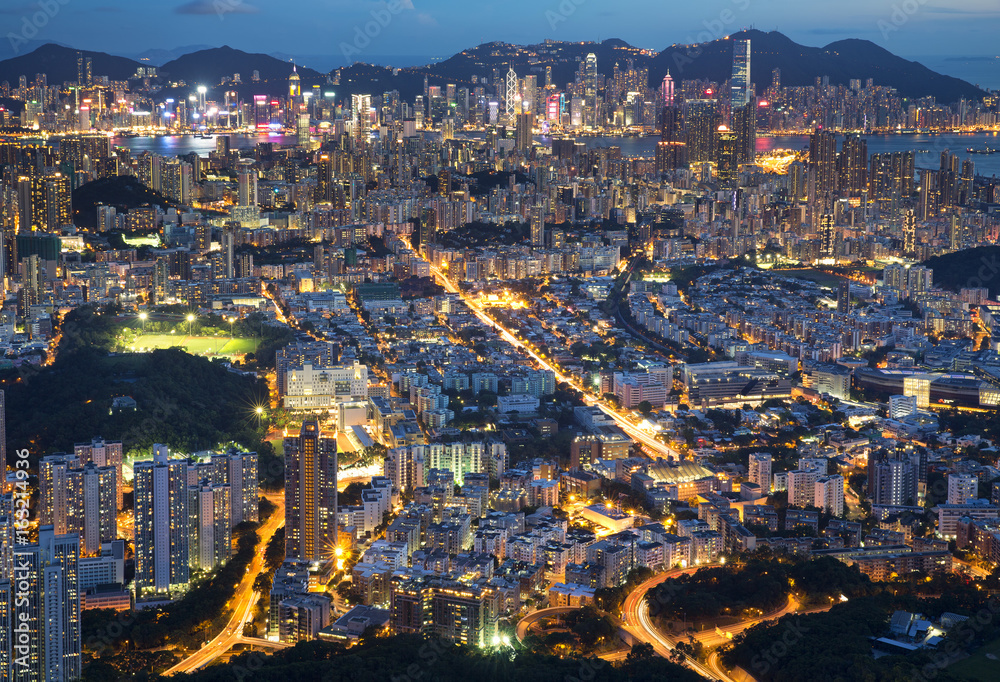 City night from the view point on top of mountain , Hong Kong,China