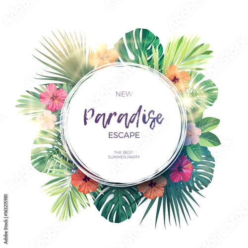 Green summer tropical background with exotic palm leaves and hibiscus flowers. Vector floral background.