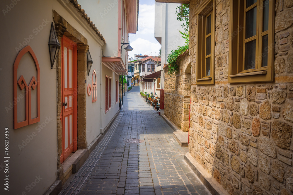 A view of the narrow streets of the old town of Kalechi in Antalya, Turkey.
