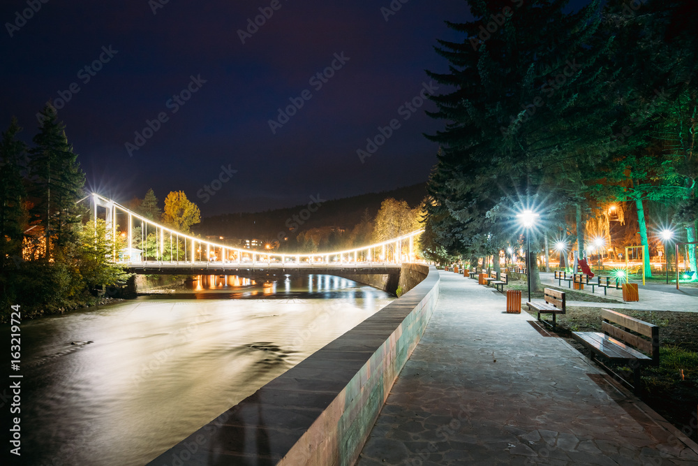 Borjomi, Samtskhe-Javakheti, Georgia. Night View Of Bridge Of Beauty Over Kura River Passing Through City.