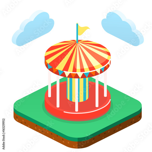 Isometric flat 3D isolated city banners with carousels. amusement park