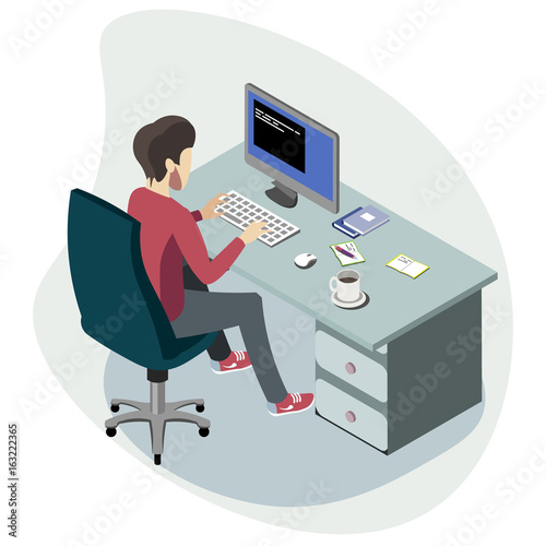 Businessman working at the computer isometric.