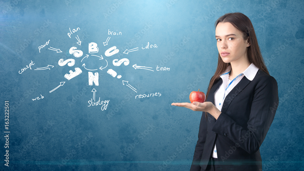 Beauty girl in a suit standing near wall with a business idea sketch drawn on it. Concept of a successful businesswoman. Beauty girl in a suit standing near wall with a business idea sketch drawn on it. Concept of a successful businesswoman.