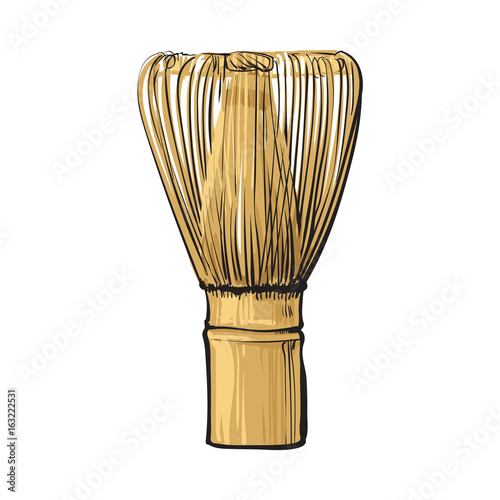 Side view drawing of wooden whisk for matcha green tea preparation, sketch style vector illustration isolated on white background. Realistic hand drawing of bamboo whisk for matcha green tea