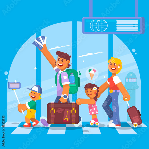 Young family. Father mother, son and daughter at the airport. Vector illustration