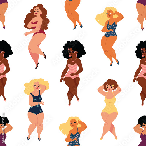 Seamless pattern of pretty plump, plus size curvy women, girls in swimming suits, cartoon vector illustration on white background. Seamless pattern, background made of plump, curvy women in bikini